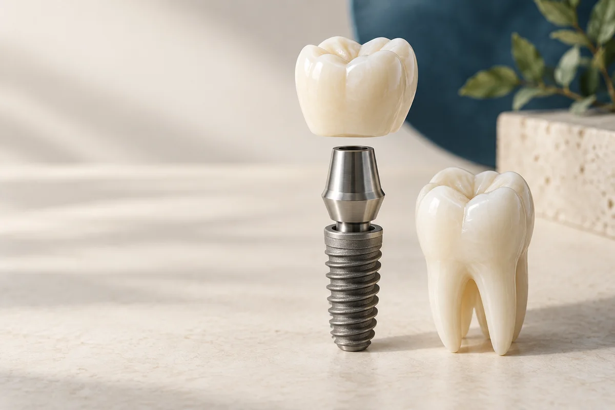 Ilustração conceitual de uma coroa, um implante e um modelo de dente